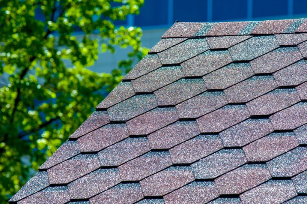 close-up of fiberglass shingles on rooftop