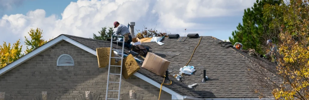 repairman on roof using proper tools to fix blown off shingles
