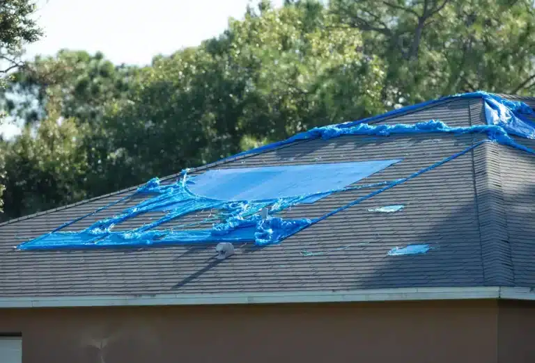 A house roof covered with a large blue tarp that is torn and loosely secured, suggesting storm or hurricane damage, possibly awaiting roof repair by a roofing company, with trees visible in the background.