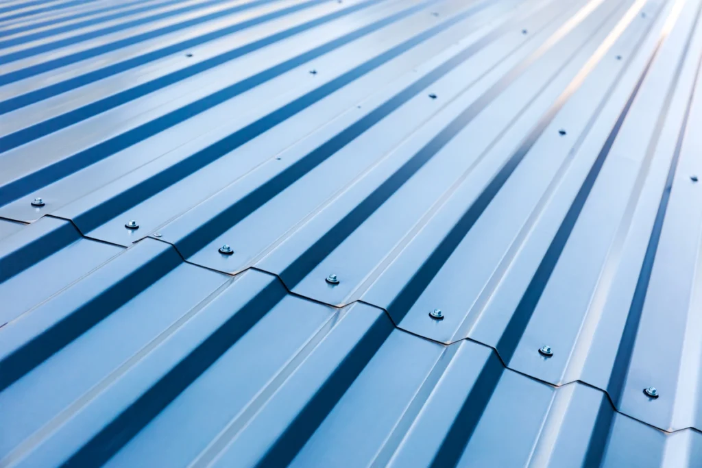 Closeup view of metal roofing material - corrugated metal panels