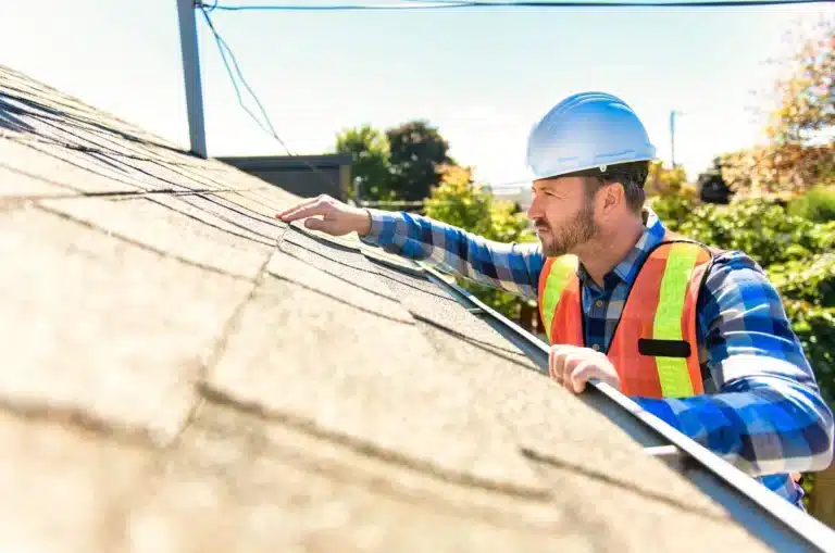 A construction worker wearing a hard hat, safety vest, and plaid shirt inspects shingles on a rooftop during daytime—a typical scene for a roofing company—while trees and power lines fill the background.