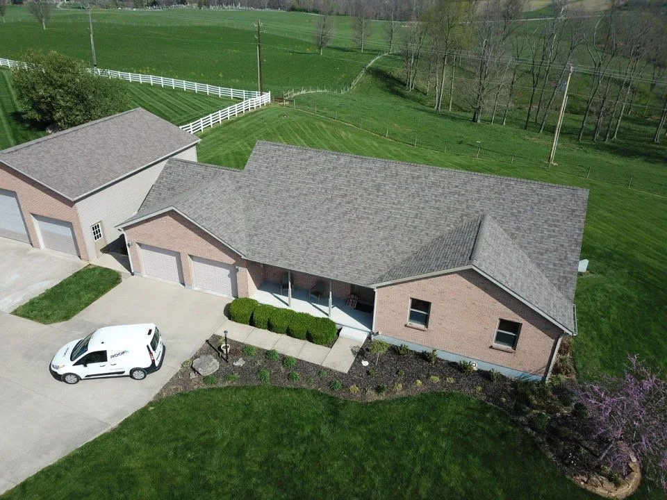 Aerial view of new roof replacement installed by Roof X in Ohio - light grey